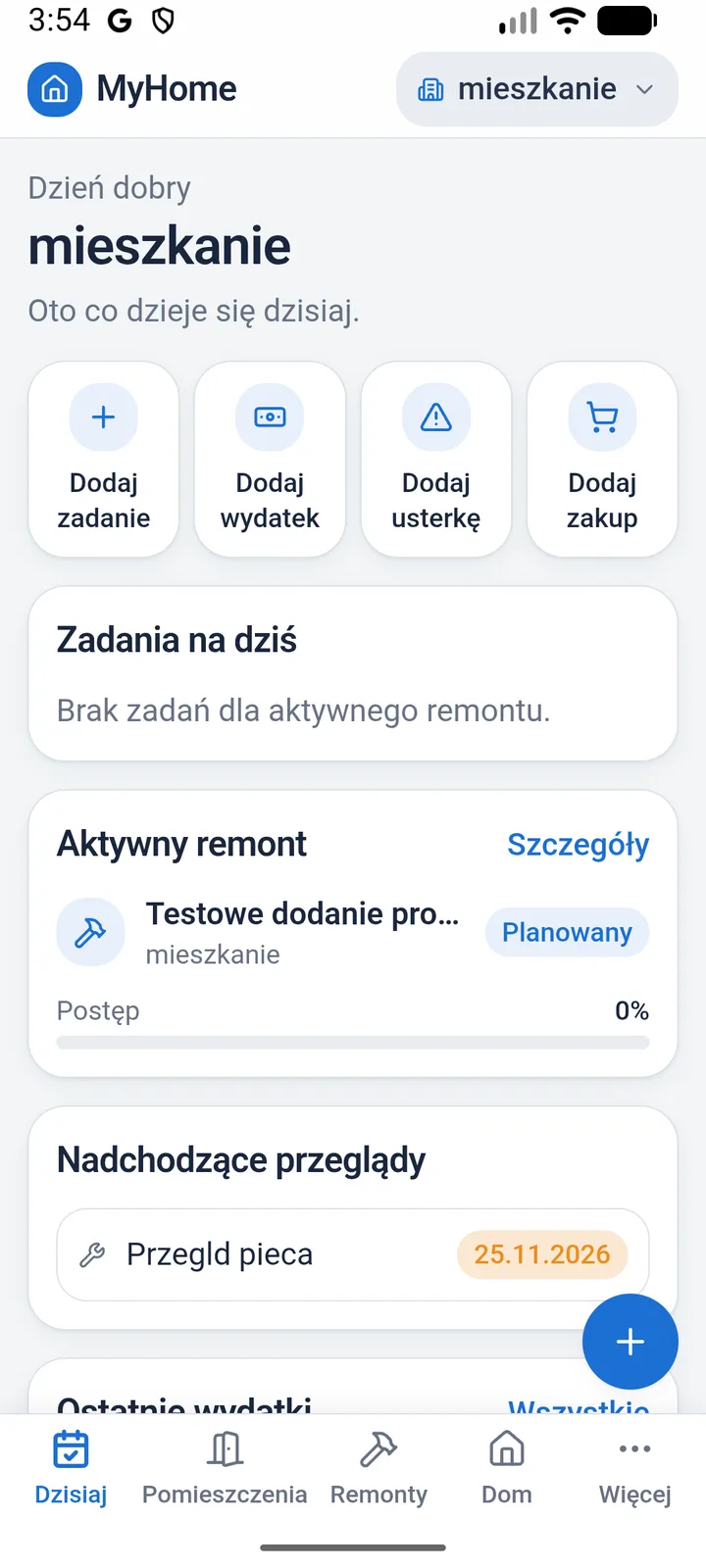 Ekran główny aplikacji MyHome z zadaniami, remontem i przeglądami domu